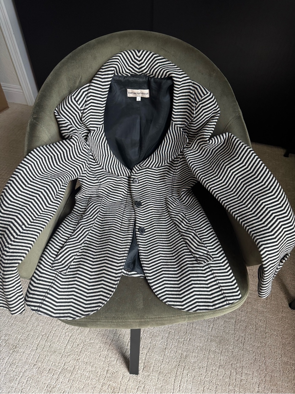 Emporio Armani Black and White Striped Hooded Blazer